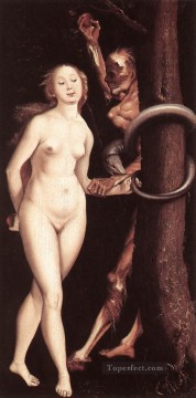  pie Pintura al %C3%B3leo - Eva, la serpiente y la muerte, el pintor desnudo renacentista Hans Baldung